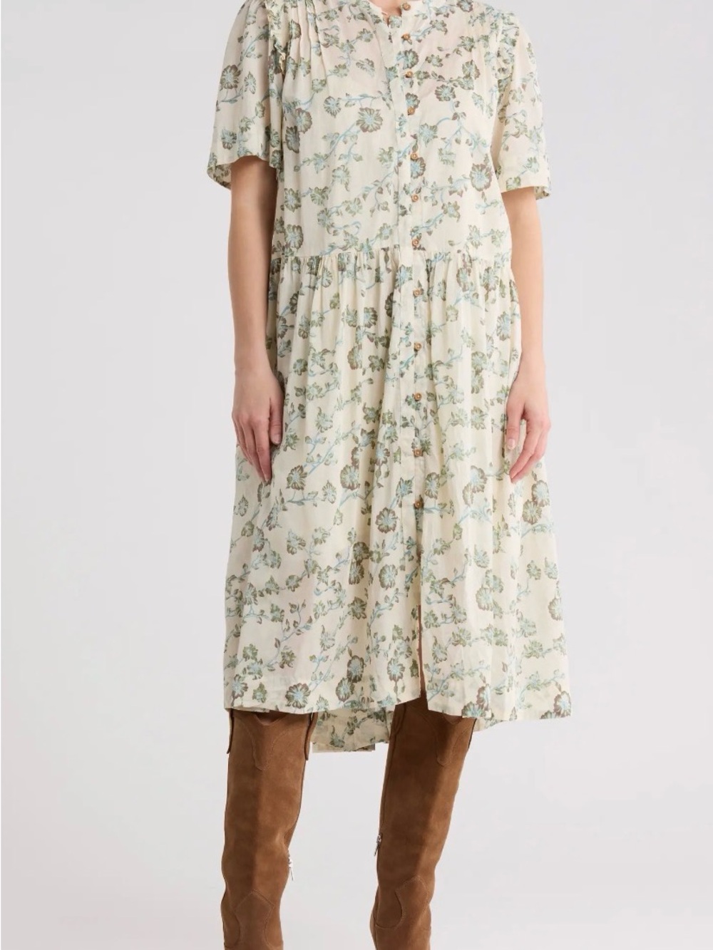 Free People Cream Floral Button-Front Midi Dress
